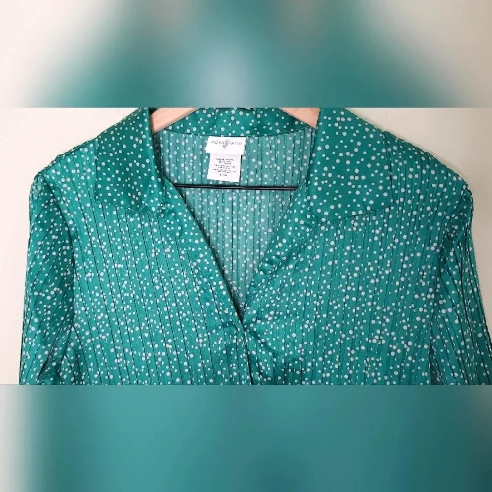 VTG Jaclyn Smith Womens Satin Plisse Top Size Large Green Gray Blouse Retro